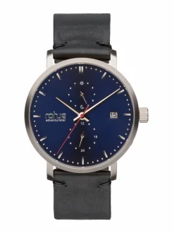 Adventurister Blue-rannekello, musta poronnahkaranneke