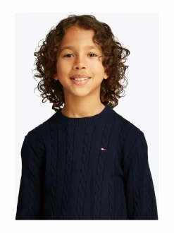 Crew Neck Cotton Cable Sweater -neule