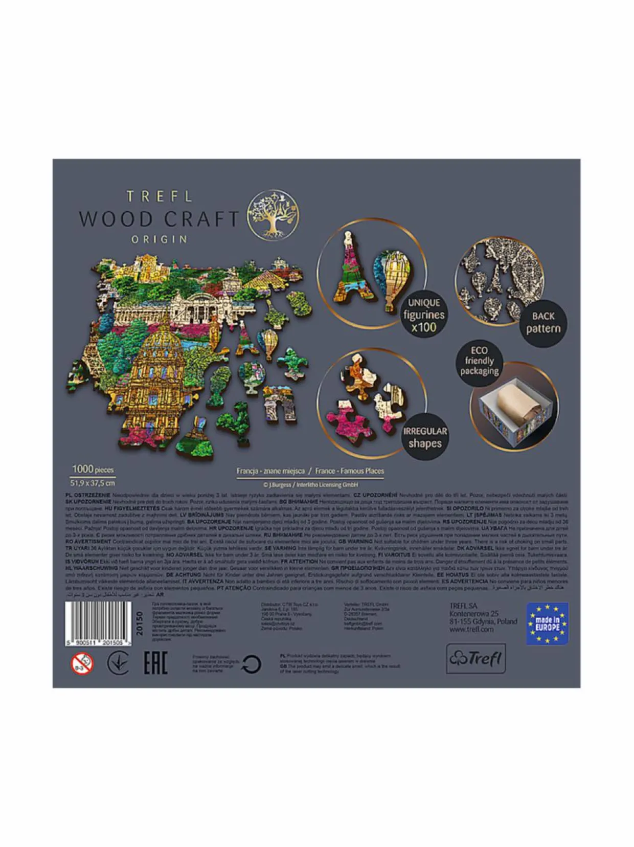 TREFL Puinen palapeli Ranskan kuuluisat paikat, 1000 palaa